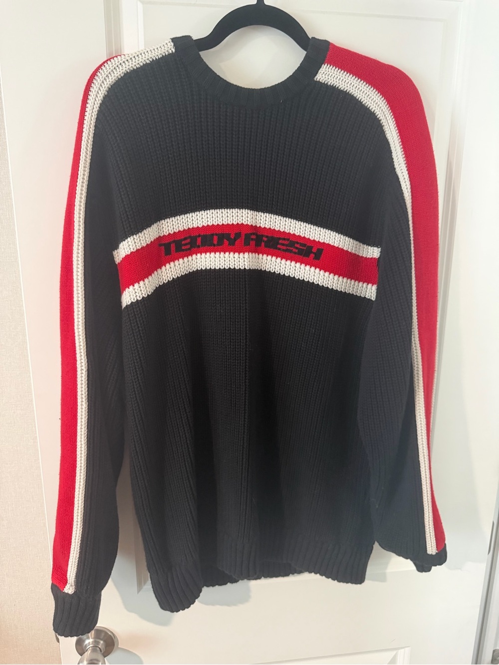 Teddy Fresh Black Red and White Striped Crewneck Sweater